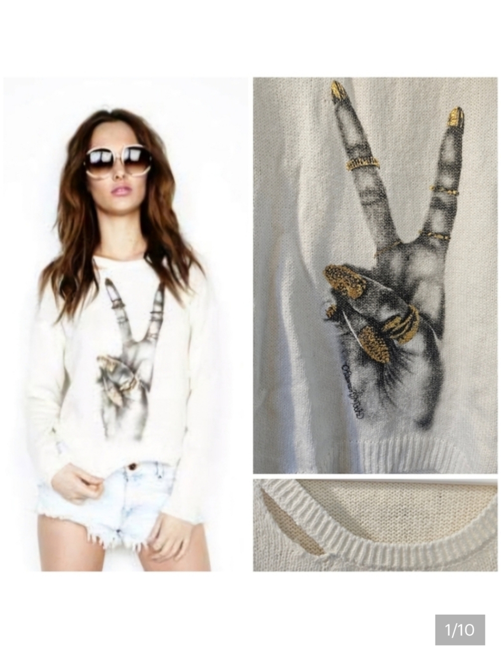 Lauren Moshi RARE Distressed Foil Finger Peace sweater